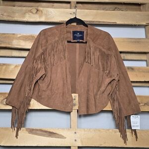 NWT American Eagle Outfitters Brown Suede Goatskin Leather Fringe Jacket Size:S